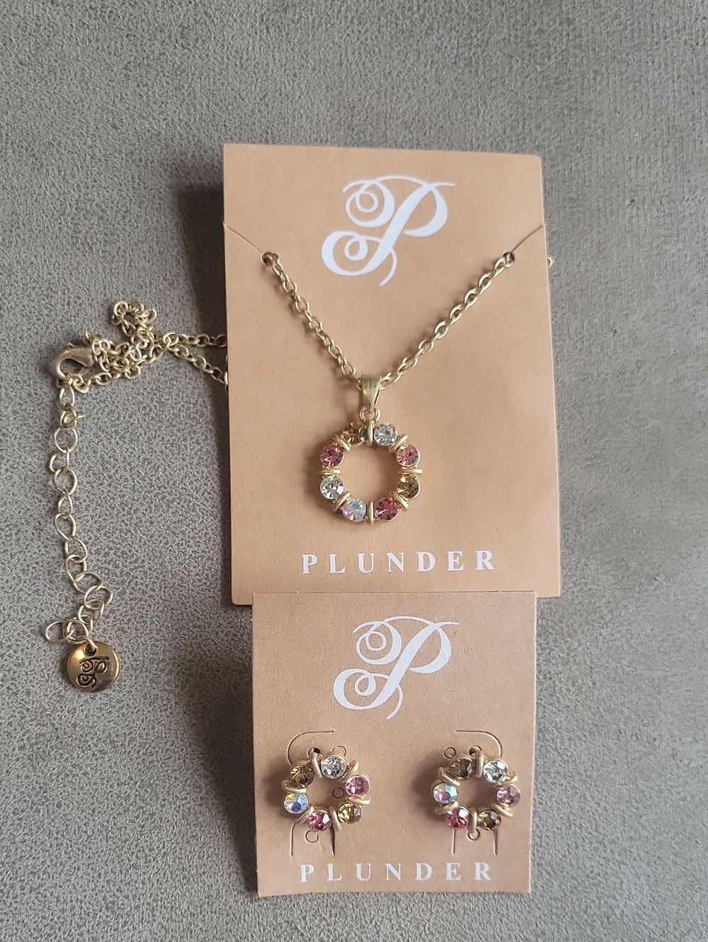 Plunder Gold Tone Pink and Multicolor Crystal Wreath Necklace & Earrings Set